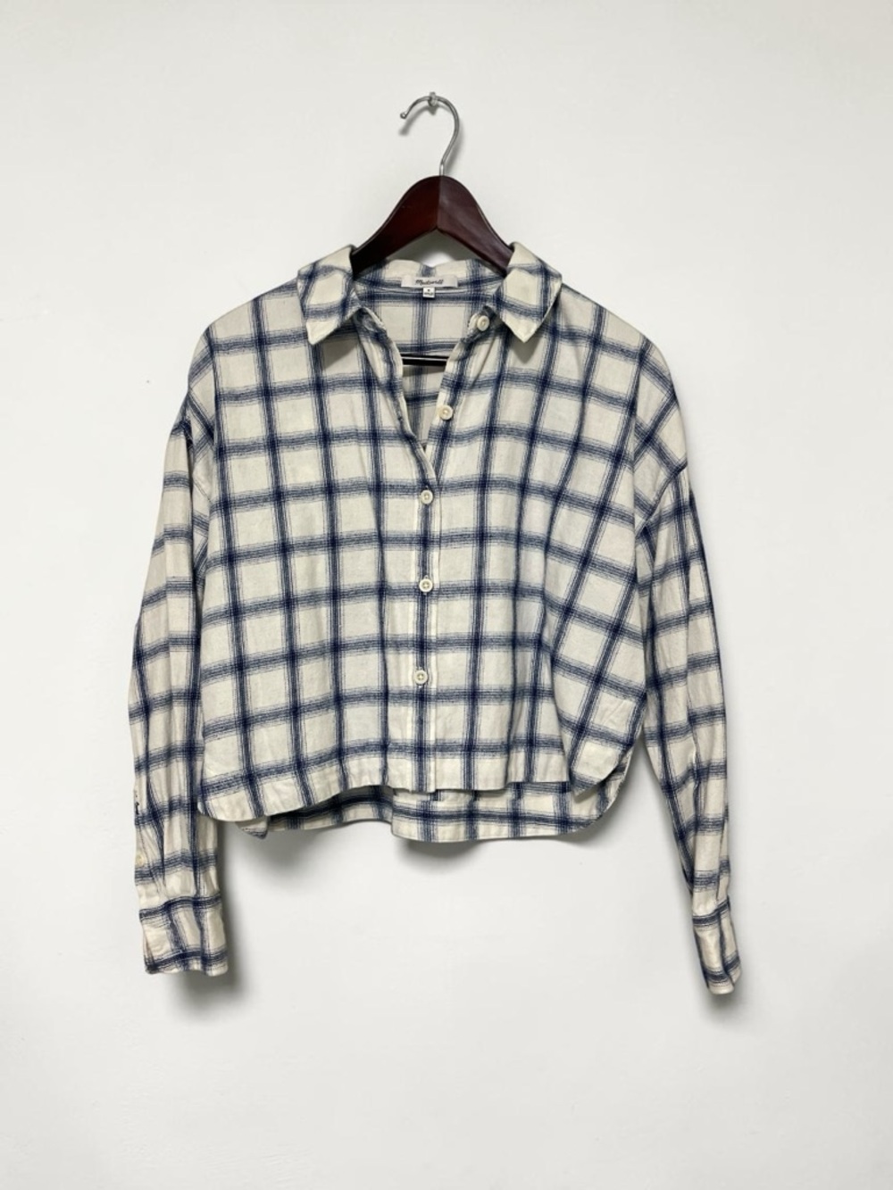 Madewell Hartfield Cropped Button-Up Plaid Shirt Cream Navy Windowpane Size M